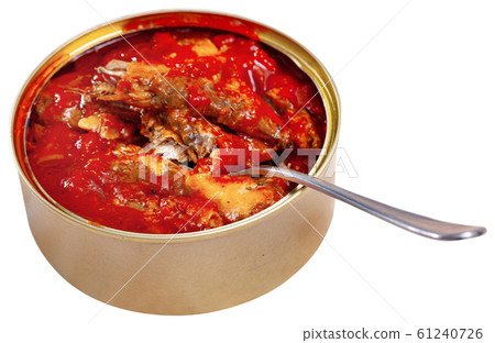 Opened tin can of sprat fish 61240726