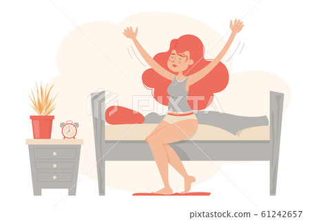 Beautiful woman stretching in her bed vector isolated. Girl raising arms up in the morning. Woman in underwear in the bedroom. 61242657