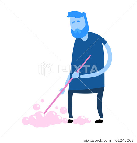 Man wipes a window or a car glass with a damp cloth. Cartoon vector illustration, isolated on white. 61243265