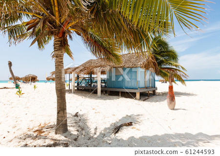 Blue beach house with small veranda, thatched roof standing on beach near ocean 61244593