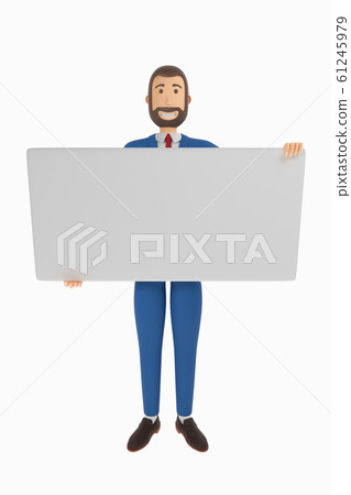 A drawn cartoon businessman is holding a business card. 3D rendering 61245979