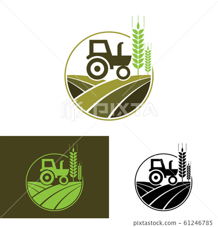 Agriculture and farming with a tractor with cultivator and plow, logo design. Agribusiness, eco-farm and rural country, vector design. Farm industries and agronomy, illustration, 61246785