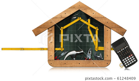 Home improvement - Work tools and model house in a blackboard Home improvement - Work tools and model house in a blackboard 61248409