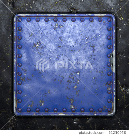 Painted blue metal with rivets in the shape of a square in the center on black metal background. 3d 61250958