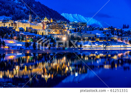 View of St. Moritz in Switzerland at night in winter 61251331
