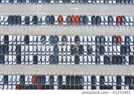 Top view of row new cars in logistic port export terminal 61253491