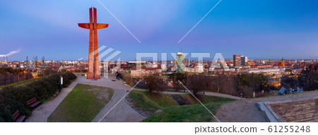Panorama of the Gdansk shipyard at sunset. Panorama of the Gdansk shipyard at sunset. 61255248