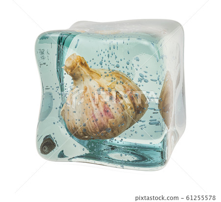 Garlic frozen in ice cube, 3D rendering Garlic frozen in ice cube, 3D rendering 61255578