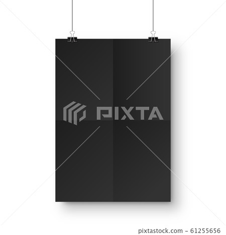 Realistic black hanging blank paper sheet with shadow in A4 format and paper clip, binder on white 61255656