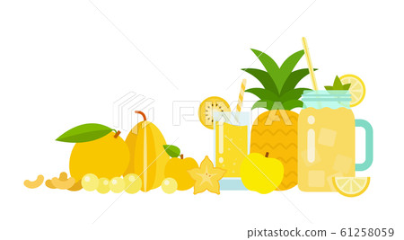 Pineapple juice in a glass, lemonade in a glass jar with set of exotic fruits of yellow color flat isolated 61258059
