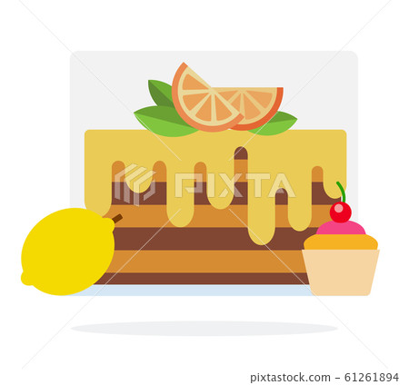 Lemon cake, muffin with cherry and lemon flat isolated Lemon cake, muffin with cherry and lemon flat isolated 61261894