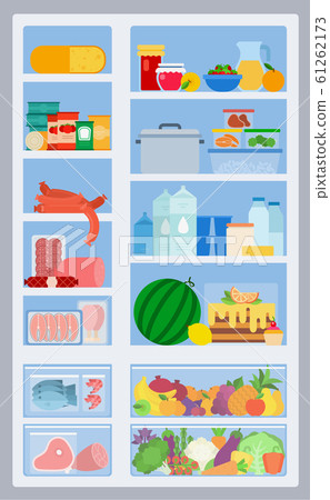 Refrigerator stocked products with transparent door flat isolated 61262173