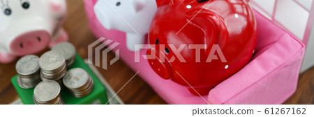 Group of piggy bank sit on sofa in house doll background Group of piggy bank sit on sofa in house doll background 61267162