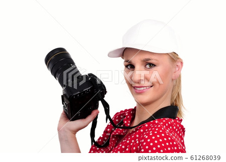 pretty blonde woman photographer with camera, on pretty blonde woman photographer with camera, on 61268039