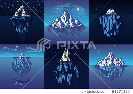 Iceberg in the ocean Set. A large piece of a mountain glacier floating in northern water. Engraved 61271323
