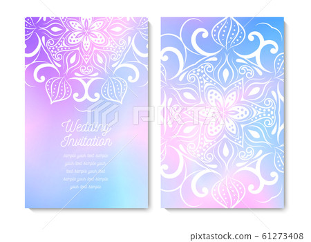 Wedding card or invitation. Lace circular pattern with a iridescent background 61273408