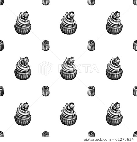 Seamless pattern with canele and rum baba. Seamless pattern with canele and rum baba. 61273634