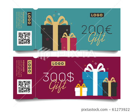 Gift voucher layout template with monetary award and gift boxes illustration. Special offer for the customer. Gift voucher layout template with monetary award and gift boxes illustration. Special offer for the customer. 61273922