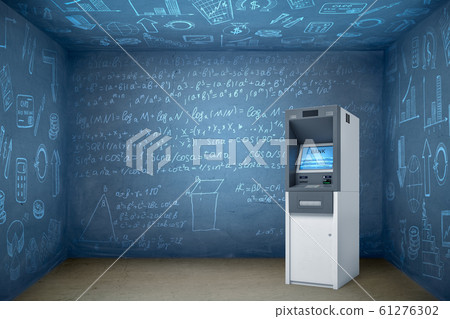 3d rendering of ATM in empty room with walls and ceiling all covered in math formulae. 61276302