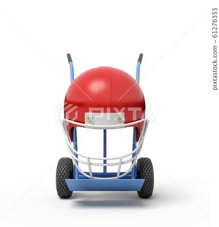 3d rendering of navy blue hand truck standing upright with red sport helmet on it. 61276355