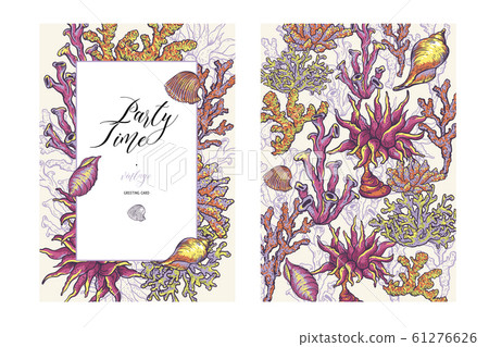 Sea life natural greeting card, underwater vector 61276626