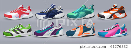 Realistic sneakers. Footwear and training shoes, fashion sport shopping, various colorful shoes. Vector sport shoes isolated set 61276882