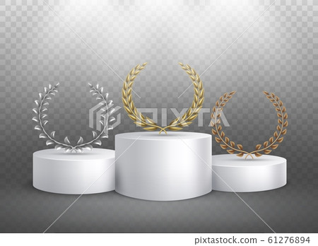 Winner pedestal. Laurel golden emblems on podium reward foliage banner. Pedestal with prize luxury concept illuminated podium 61276894