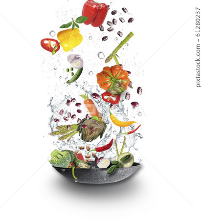 Fresh Juicy organic vegetables falling into cooking pot with water splash. Fresh Juicy organic vegetables falling into cooking pot with water splash. 61280237