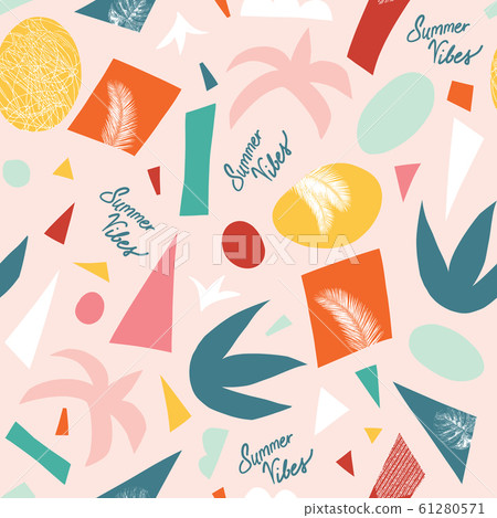 Summer vibes seamless vector pattern. Contemporary background tropical abstract collage with 61280571