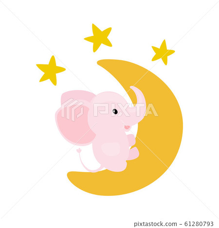 Pink baby girl elephant sitting on a moon. Pink baby girl elephant sitting on a moon. 61280793