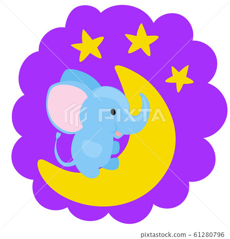 Bright blue baby boy elephant sitting on a moon. Bright blue baby boy elephant sitting on a moon. 61280796