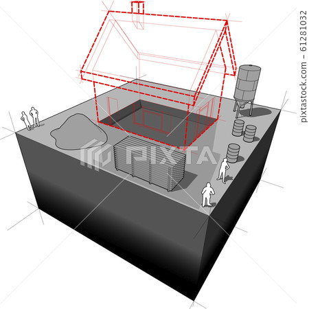 Vision of a simple detached house with construction equipment around the construction site Vision of a simple detached house with construction equipment around the construction site 61281032