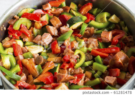 chopped pepper, letcho ingredients in pot 61281478