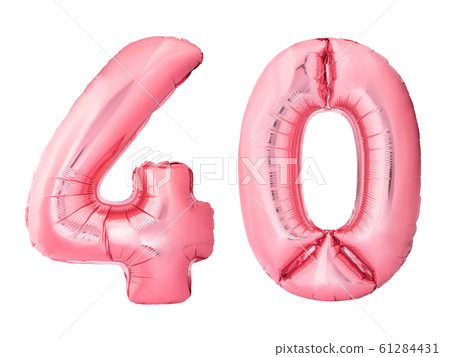 Number 40 forty made of rose gold inflatable balloons isolated on white background. Discount and sale or birthday concept Number 40 forty made of rose gold inflatable balloons isolated on white background. Discount and sale or birthday concept 61284431