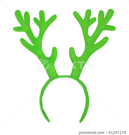 Green toy antlers of a deer isolated on white background. Reindeer horns isolated on white background 61285178