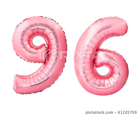 Number 96 ninety six made of rose gold inflatable balloons isolated on white background 61285709
