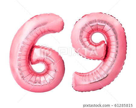 Number 69 sixty nine made of rose gold inflatable balloons isolated on white background 61285815