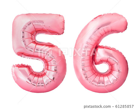 Number 56 fifty six made of rose gold inflatable balloons isolated on white background 61285857