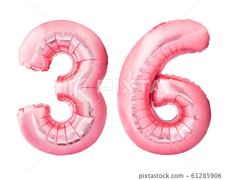 Number 36 thirty six made of rose gold inflatable balloons isolated on white background. Pink helium balloons forming 36 thirty six Number 36 thirty six made of rose gold inflatable balloons isolated on white background. Pink helium balloons forming 36 thirty six 61285906