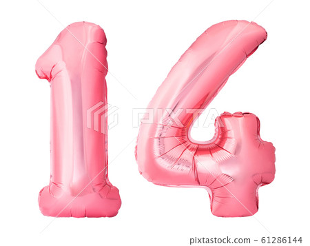 Number 14 fourteen made of rose gold inflatable balloons isolated on white background Number 14 fourteen made of rose gold inflatable balloons isolated on white background 61286144