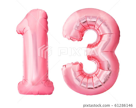 Number 13 thirteen made of rose gold inflatable balloons isolated on white background Number 13 thirteen made of rose gold inflatable balloons isolated on white background 61286146