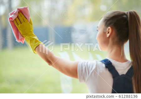 housekeeping concept. young girl in gloves cleaning big window housekeeping concept. young girl in gloves cleaning big window 61288136