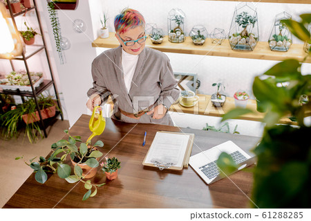 Top view on modern senior business lady watering plants 61288285