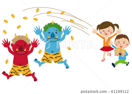 Setsubun: Male and female children who hit beans on Akaoni and Aoni 61289122