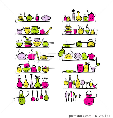 Kitchen utensils characters on shelves, sketch drawing for your design 61292145