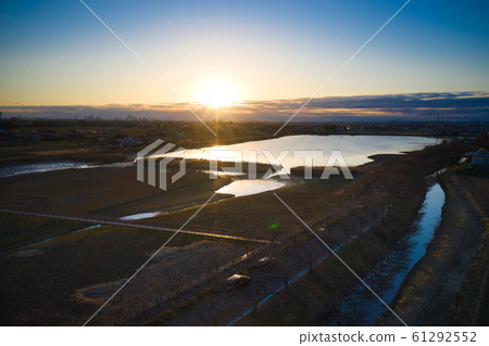 First sunrise from Isanuma @ Kawagoe-shi, Saitama (Aerial shot by drone) First sunrise from Isanuma @ Kawagoe-shi, Saitama (Aerial shot by drone) 61292552
