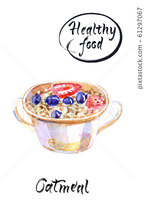 Oatmeal with sweet berries in a white bowl with two handles 61297067