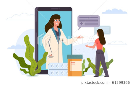 Online doctor. Smartphone application with medical record, online diagnostics, video call with patients and consult doctor vector landing page 61299366