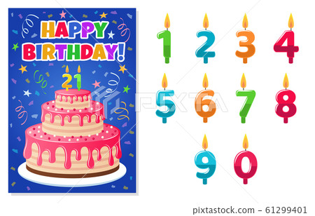 Birthday card with numbers candles. Anniversary invitation, colorful celebration cake with candle, kids party greeting card vector template Birthday card with numbers candles. Anniversary invitation, colorful celebration cake with candle, kids party greeting card vector template 61299401