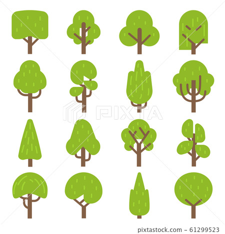 Flat tree. Forest trees, nature hardwood plants with green foliage. Ecology label, environment and botanical concept decorative vector elements Flat tree. Forest trees, nature hardwood plants with green foliage. Ecology label, environment and botanical concept decorative vector elements 61299523